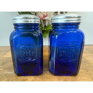 Vintage Cobalt Blue Glass Salt and Pepper Shakers Aluminum Lids MCM Kitchen